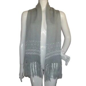 Knit Scarf, 7 x 55.5, Grey, White Pattern, Fringe ends, Acrylic, Mid weight